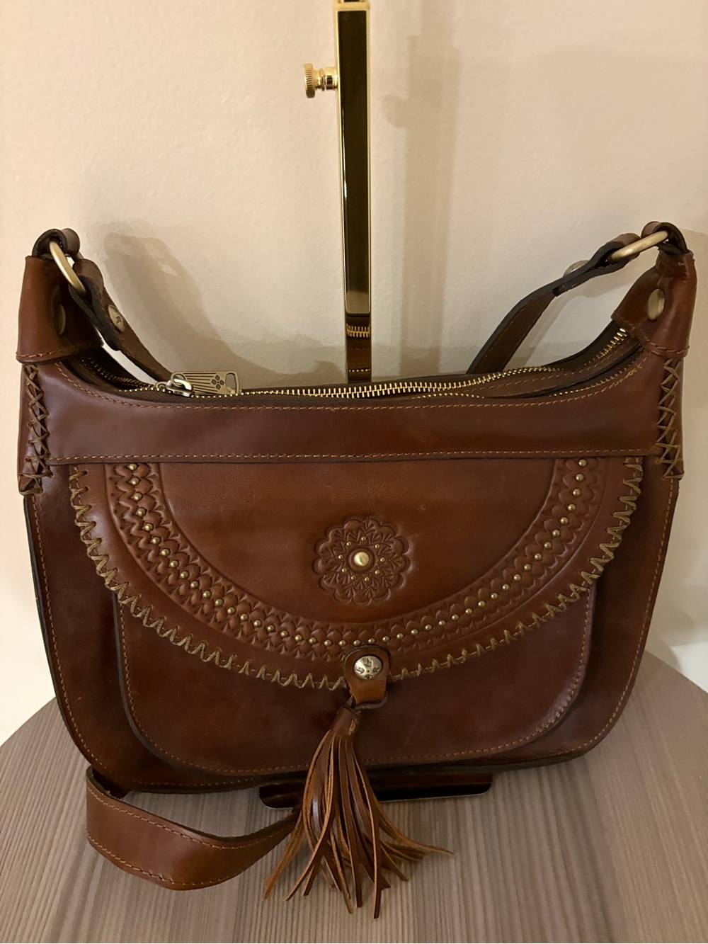 Patricia Nash Brown Leather Crossbody Bag Floral Medallion Tassel